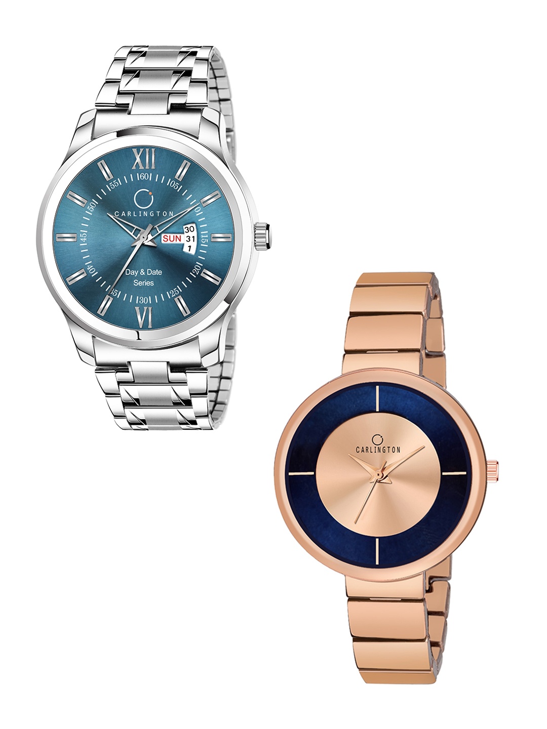 CARLINGTON His & Her Blue & Rose Gold-Toned Analogue Watch Gift Set