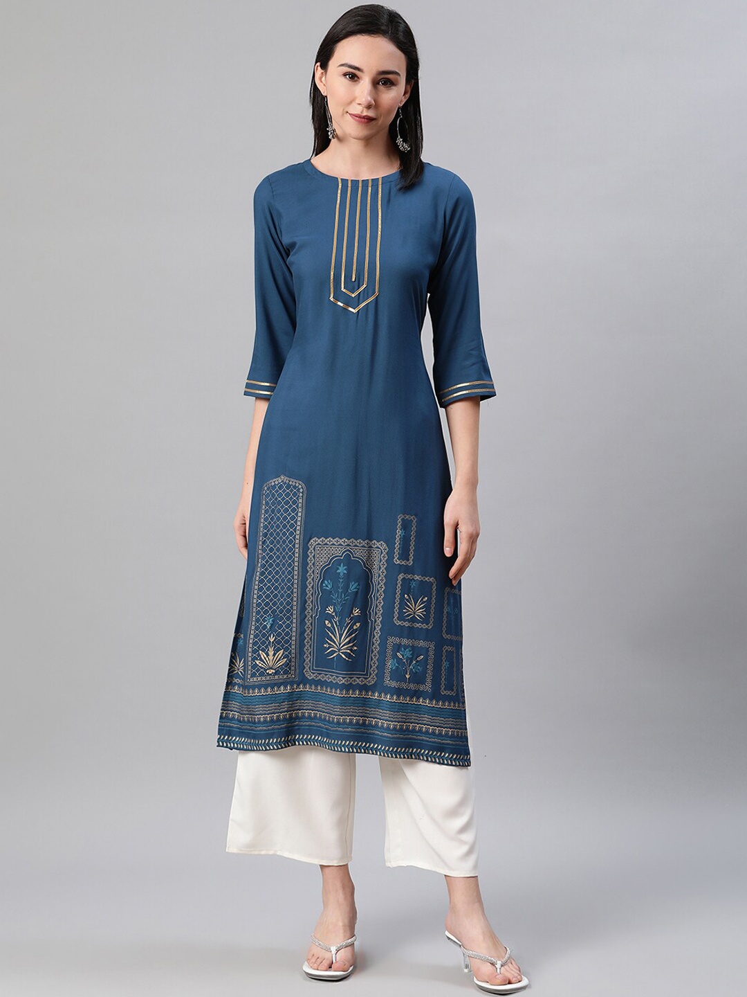 ZIYAA Women Teal Blue Foil Printed Yoke Design Kurta
