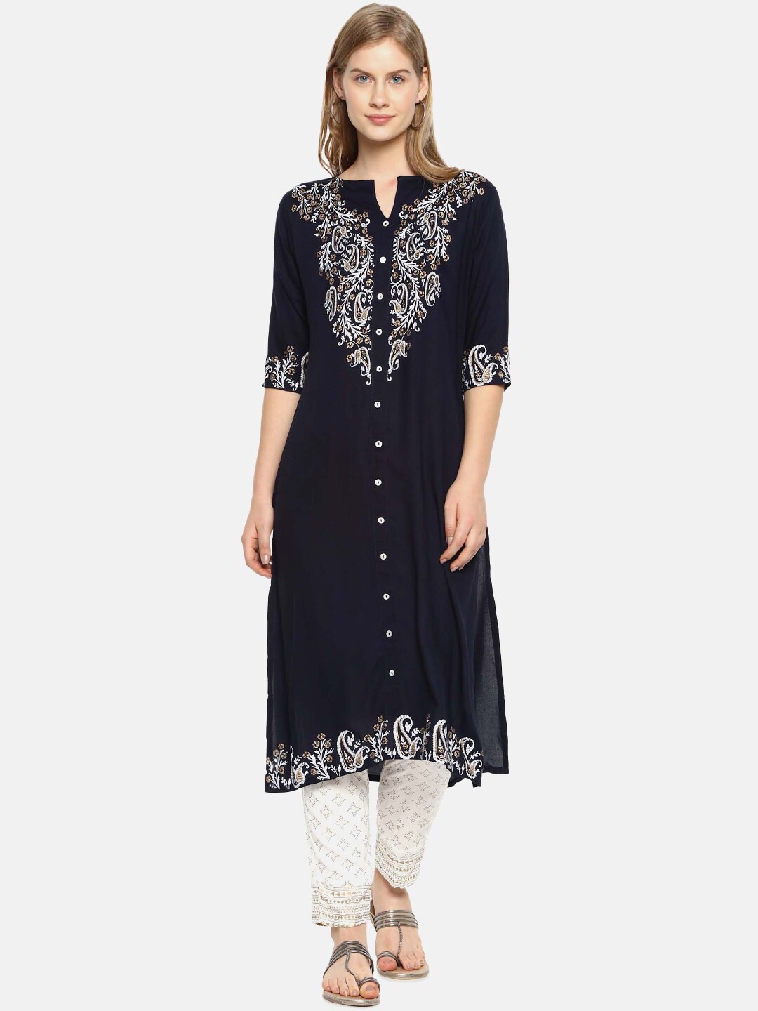 Instafab Women Navy Blue & White Paisley Print Straight Kurta with Trousers