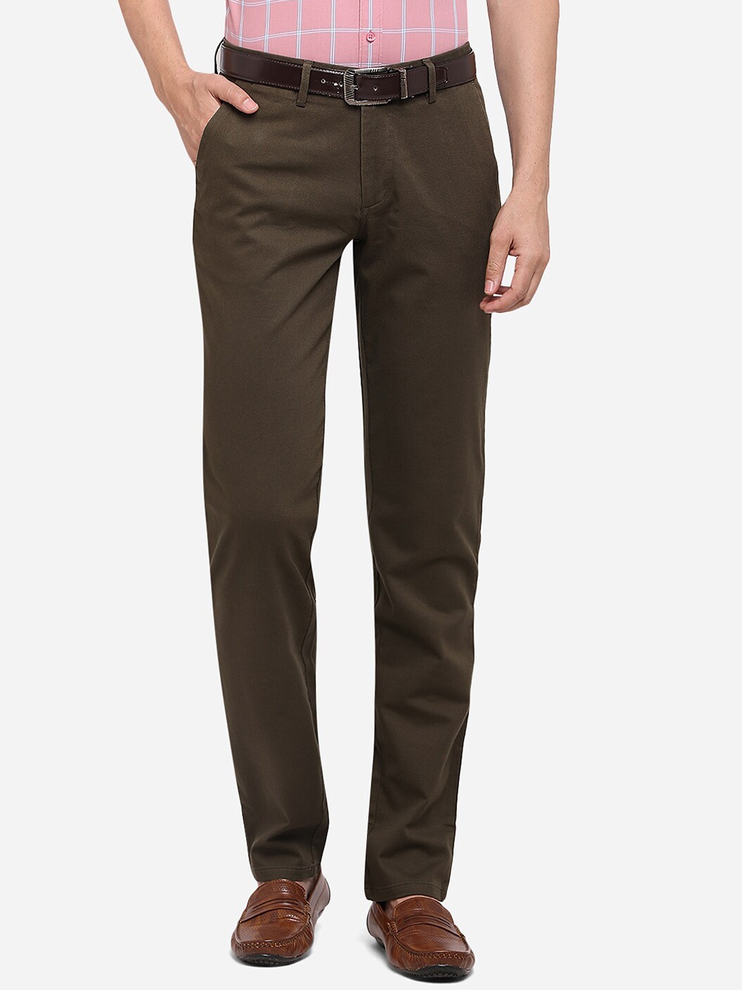 JADE BLUE Men Brown Solid Pure Cotton Slim Fit Formal Trousers
