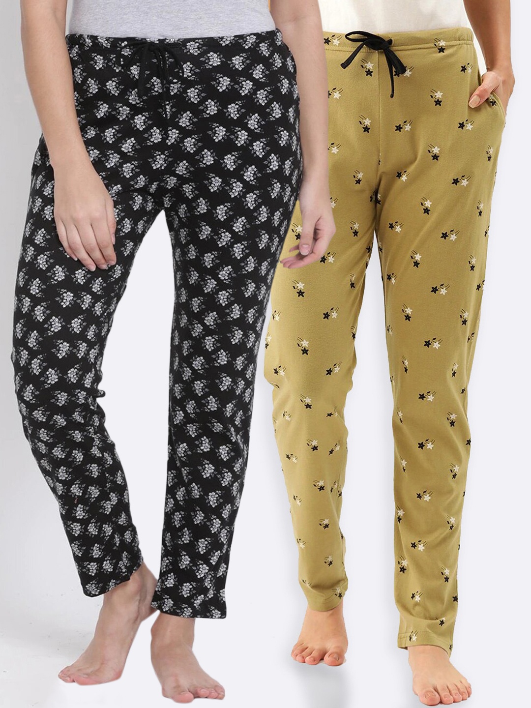 Kanvin Women Pack of 2 Printed Pure Cotton Lounge Pants, Mustard