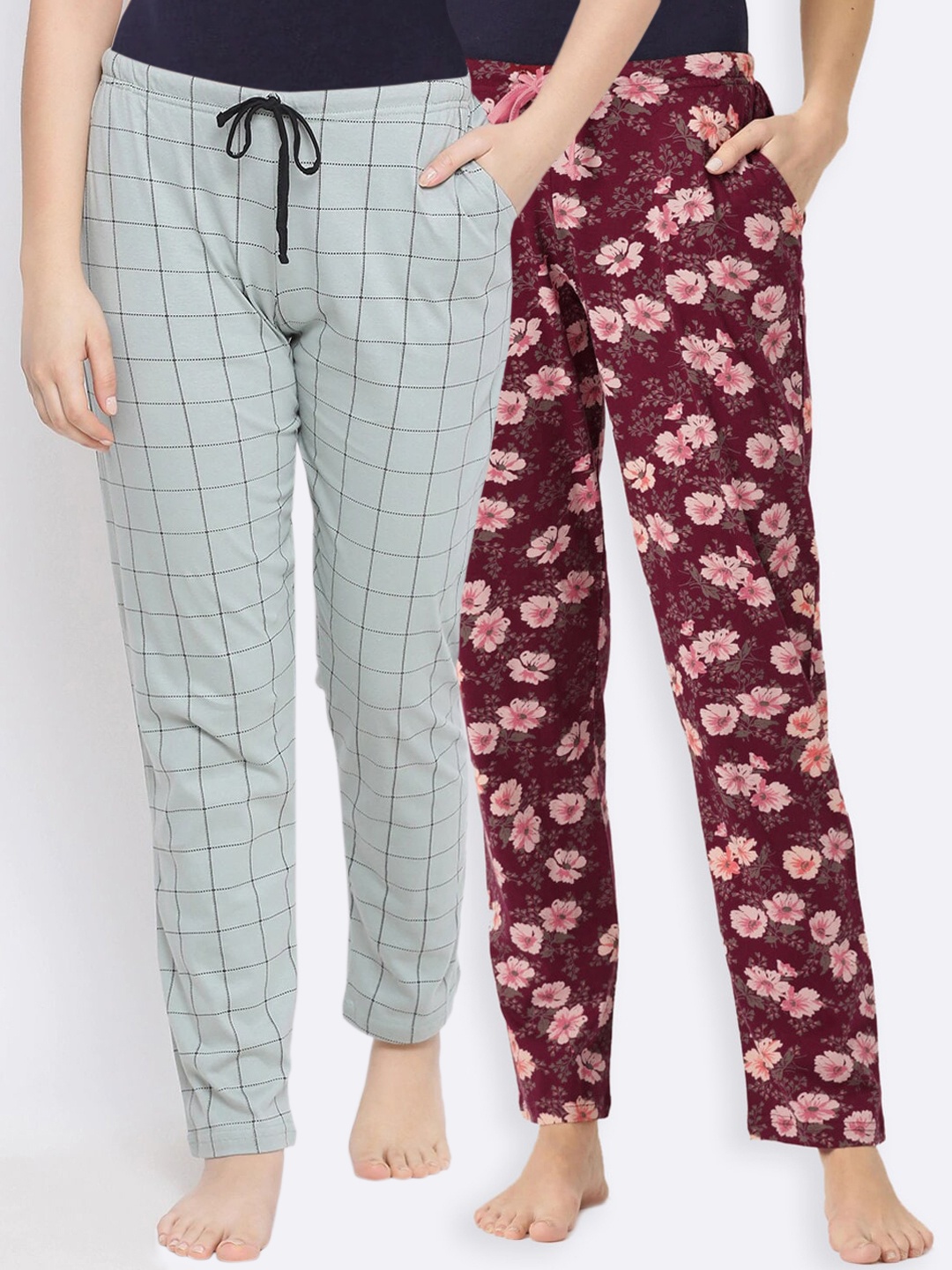 Kanvin Women Pack of 2 Pure Cotton Lounge Pants, Maroon
