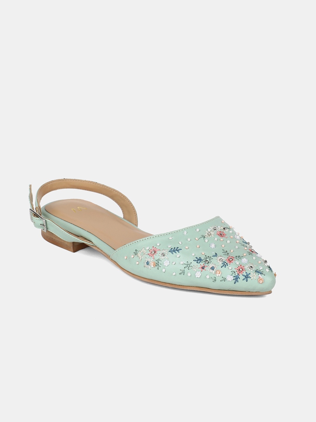 W The Folksong Collection Women Sea Green Embellished PU Ballerinas