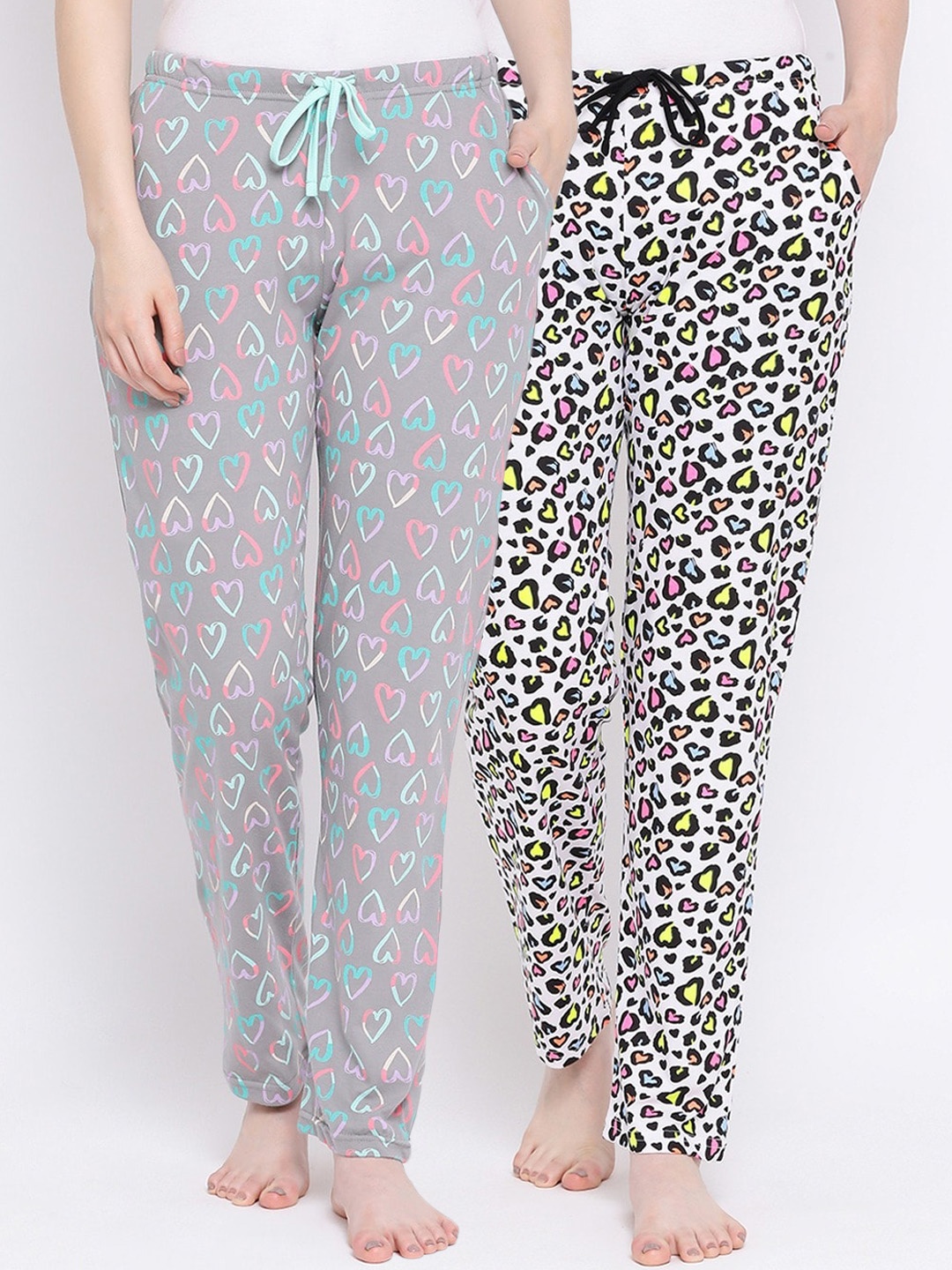 Kanvin Women Pack of 2 Printed Pure Cotton Lounge Pants, White