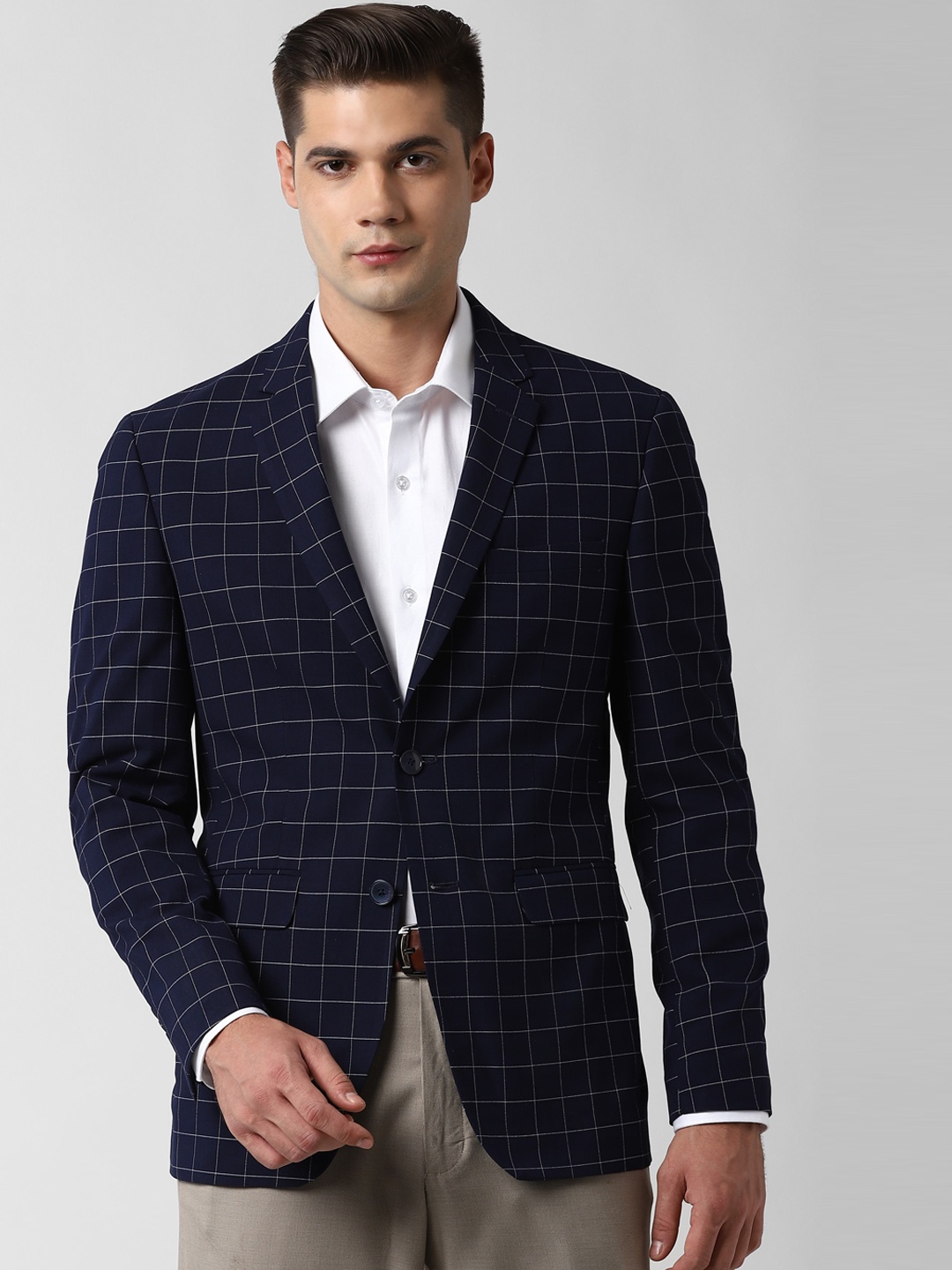 Peter England Elite Men Navy Blue Checked Single-Breasted Slim-Fit Formal Blazer