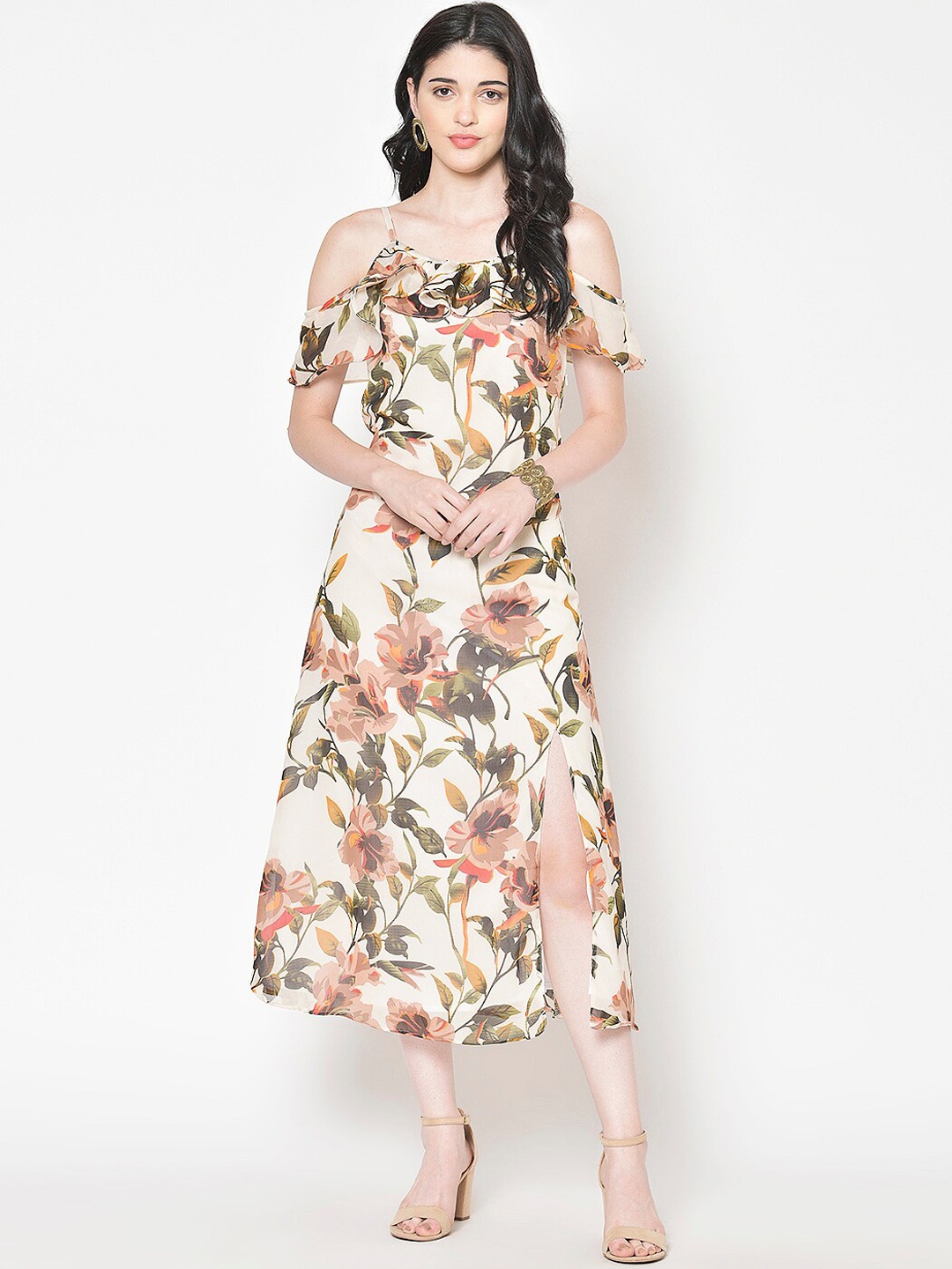 Cation Women Off-White & Peach-Coloured Floral Print A-Line Dress