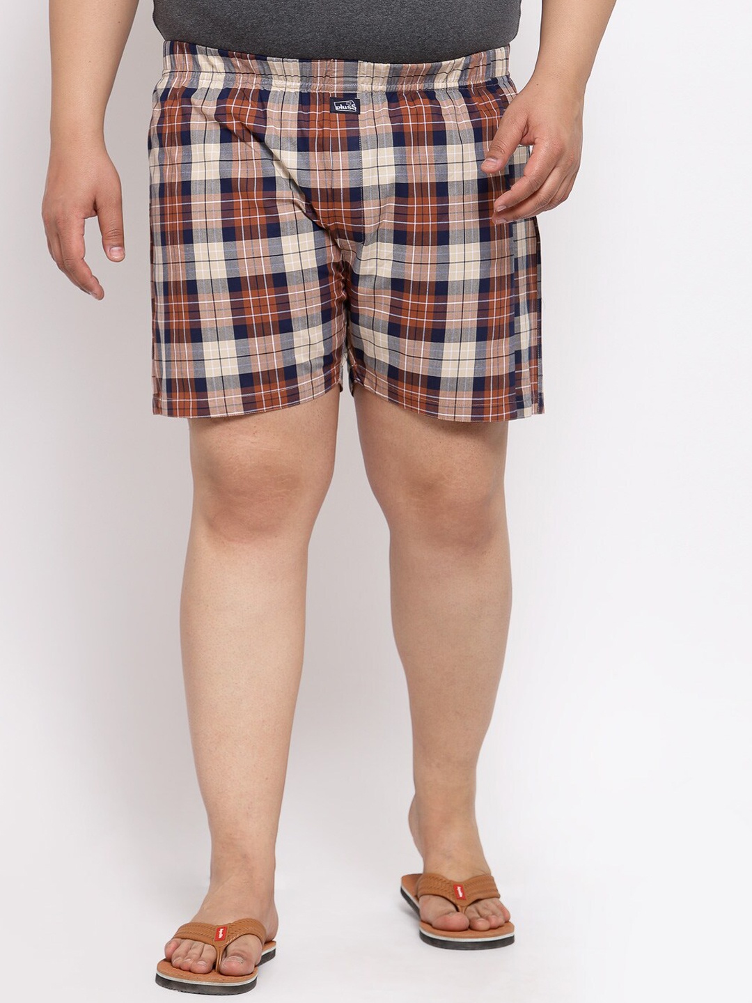 plusS Men Plus Size Orange and Beige Checked Pure Cotton Boxers MBX208E