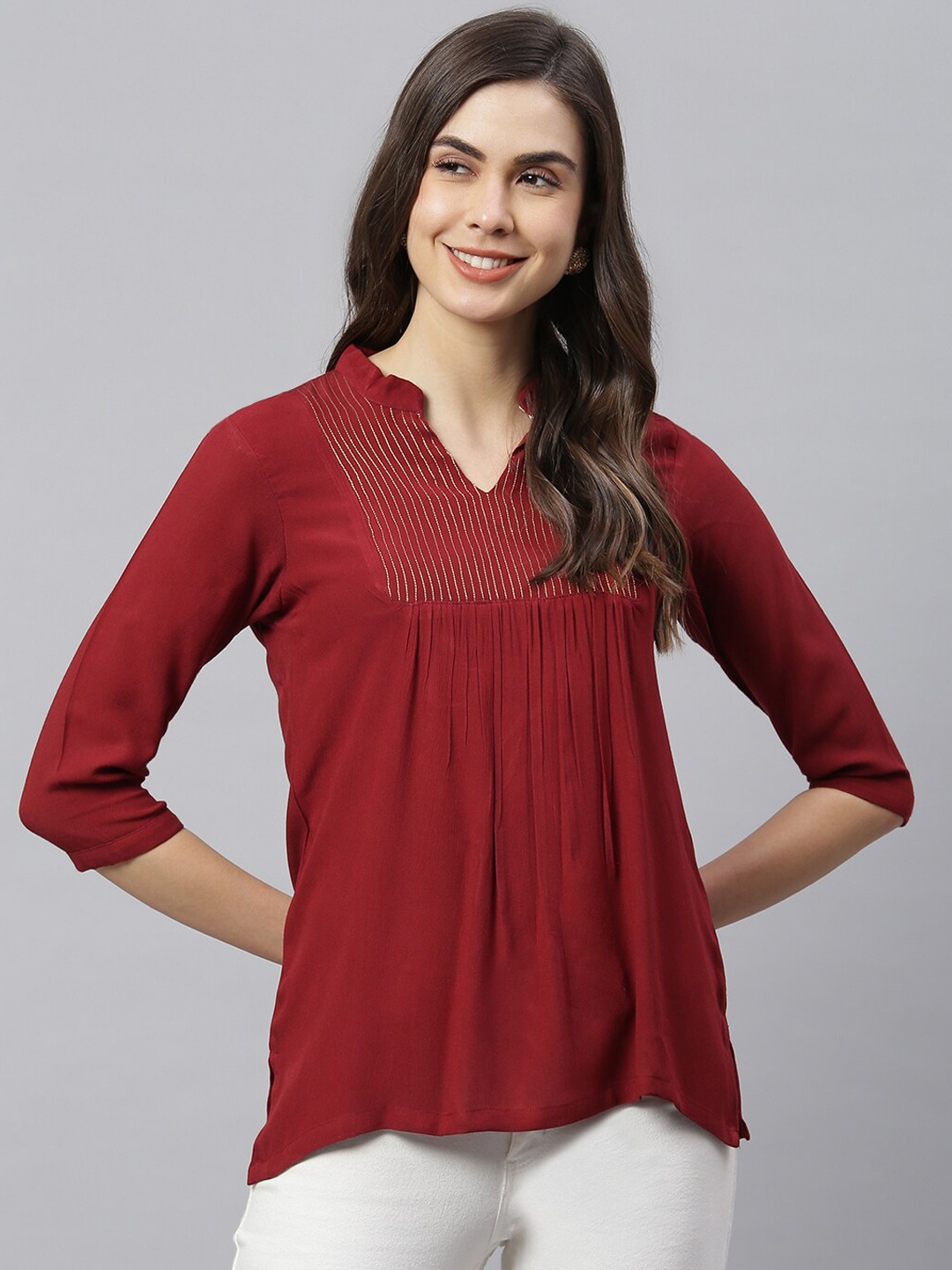 HK colours of fashion Maroon & Golden Striped Mandarin Collar Top