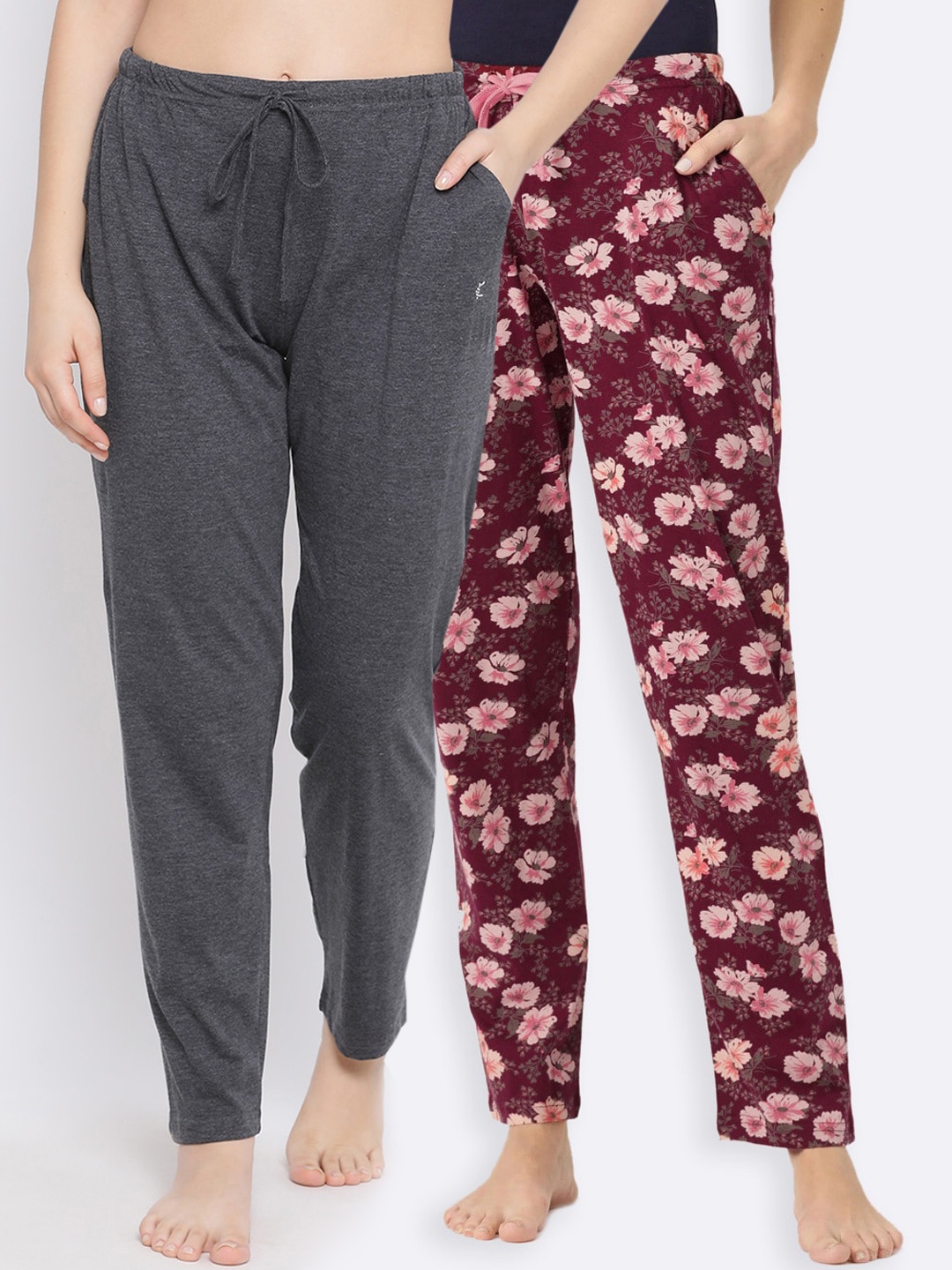 Kanvin Women Pack of 2 Pure Cotton Lounge Pants, Maroon