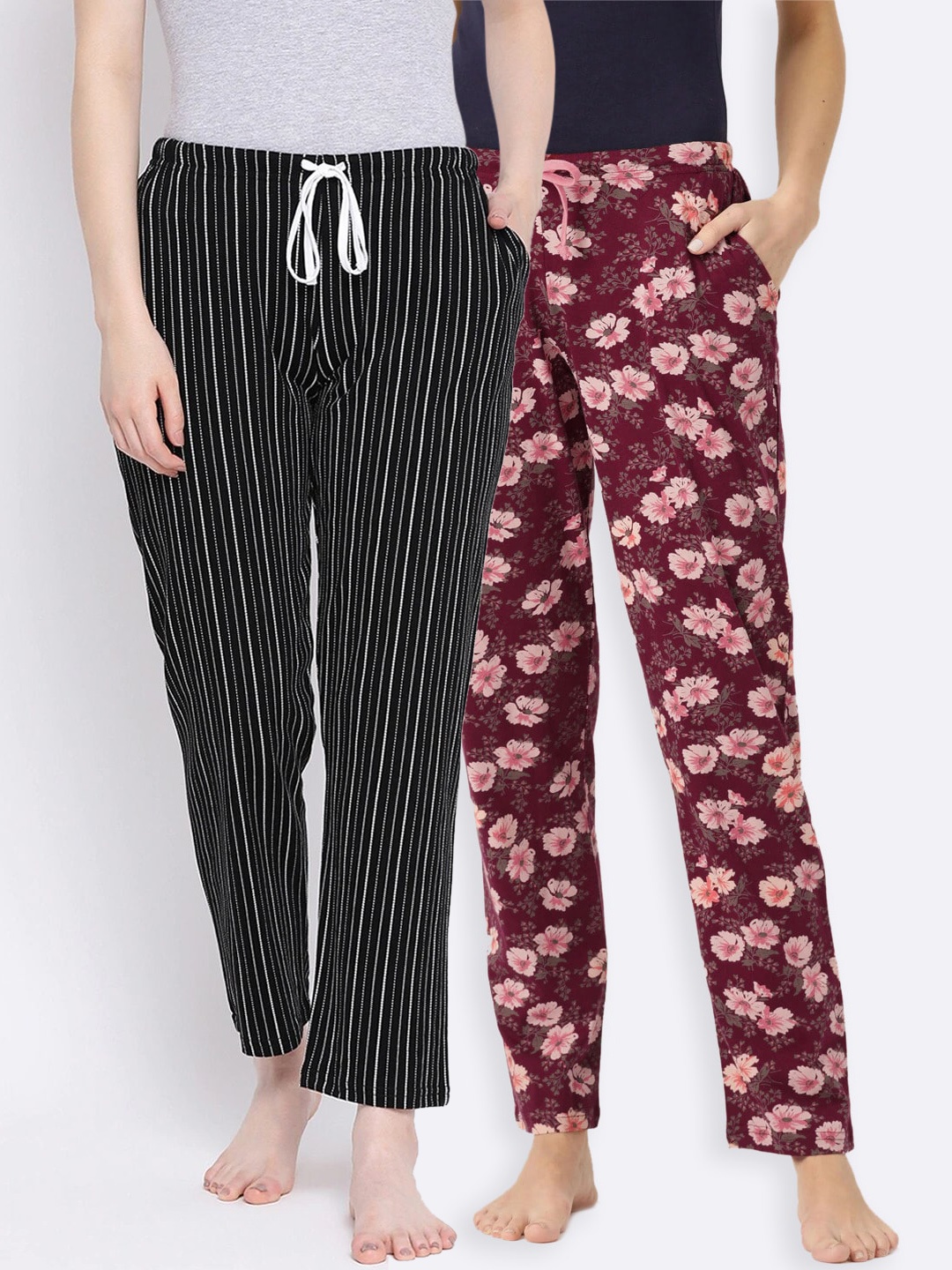 Kanvin Women Pack of 2 Pure Cotton Lounge Pants, Maroon