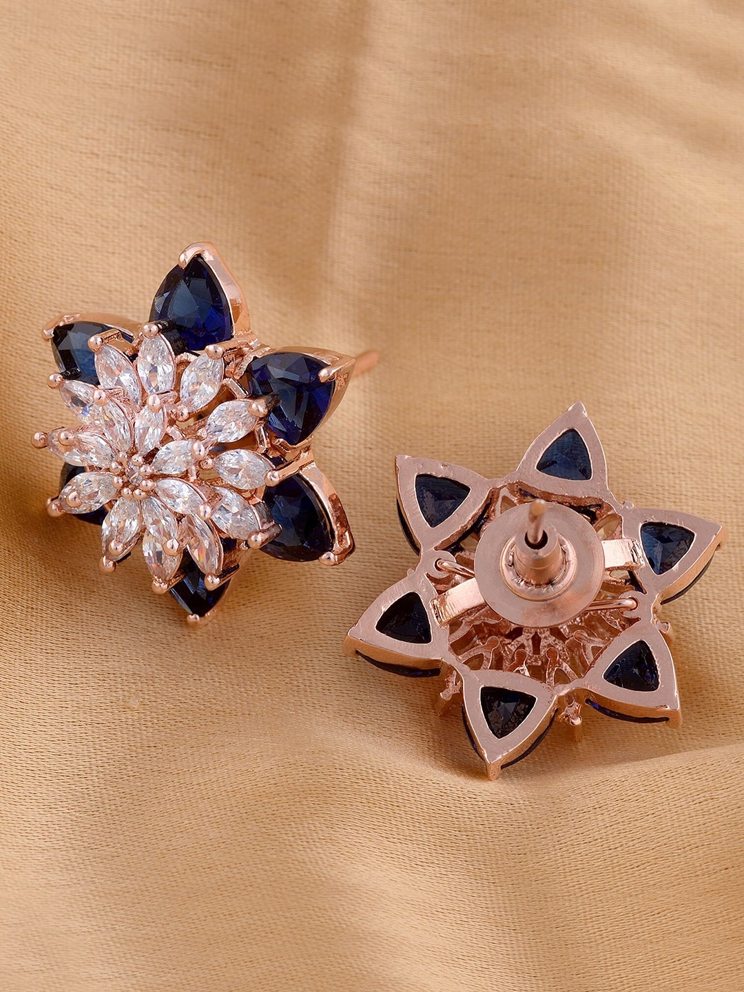 Saraf RS Jewellery Blue & Rose Gold-Plated Floral Studs