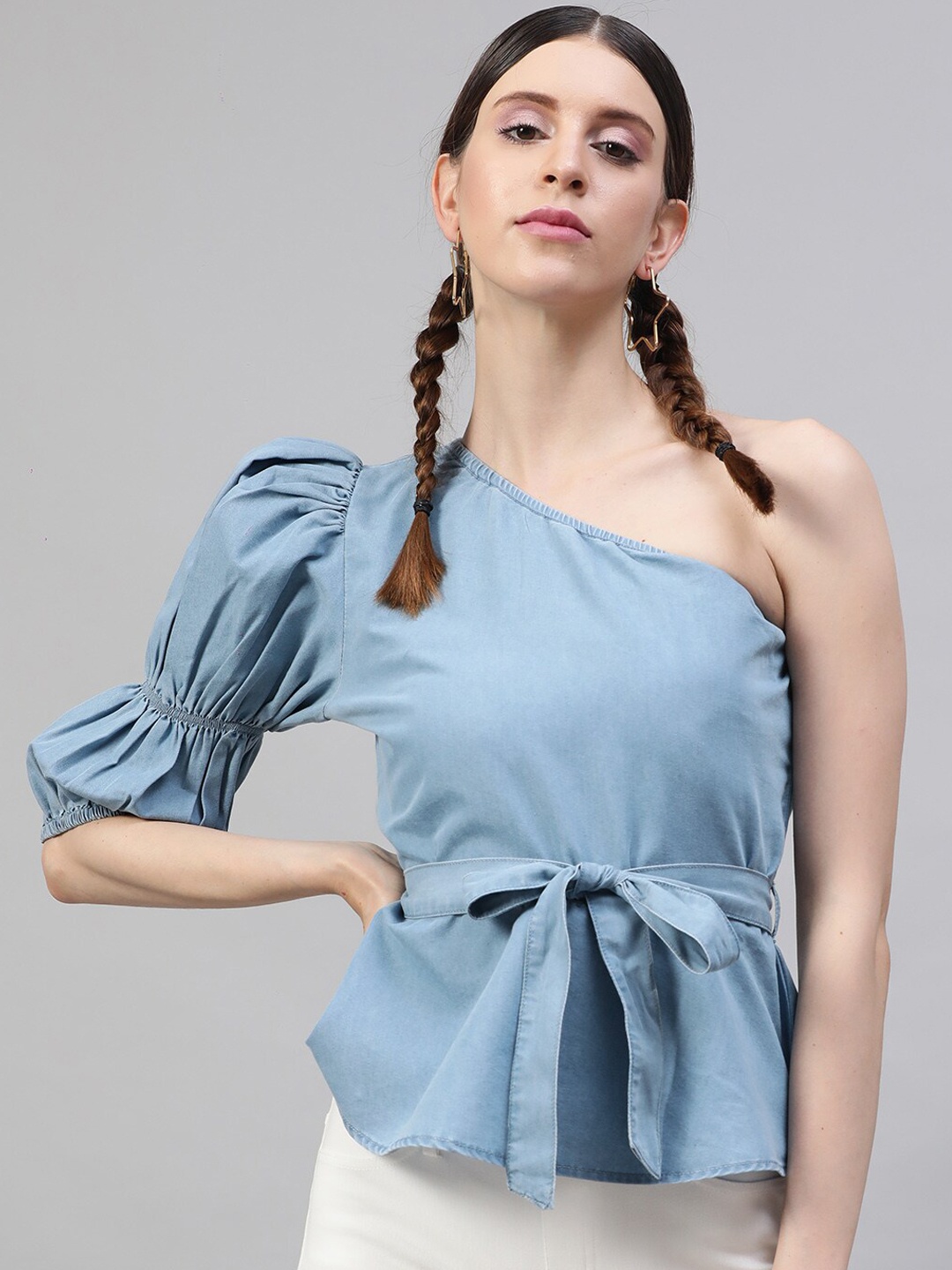 STREET 9 Blue Solid One Shoulder Indigo Pure Cotton Denim Regular Top With Belt
STREET 9 Blue Solid One Shoulder Indigo Pure Cotton Denim Regular Top With Belt
