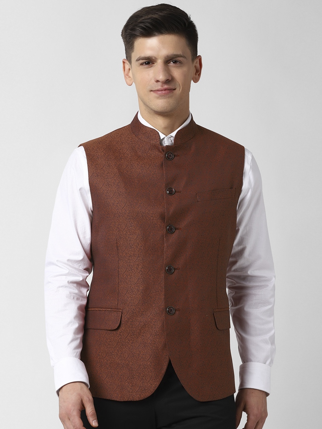 Peter England Elite Men Brown & Navy Blue Woven Design Waistcoat