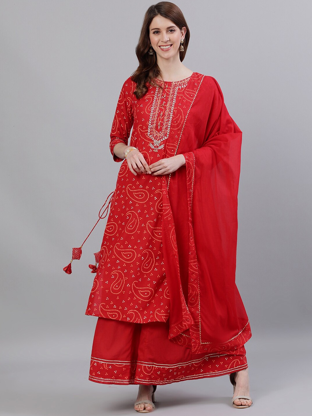 Ishin Women Red & White Printed Kurta with Palazzos & Dupatta