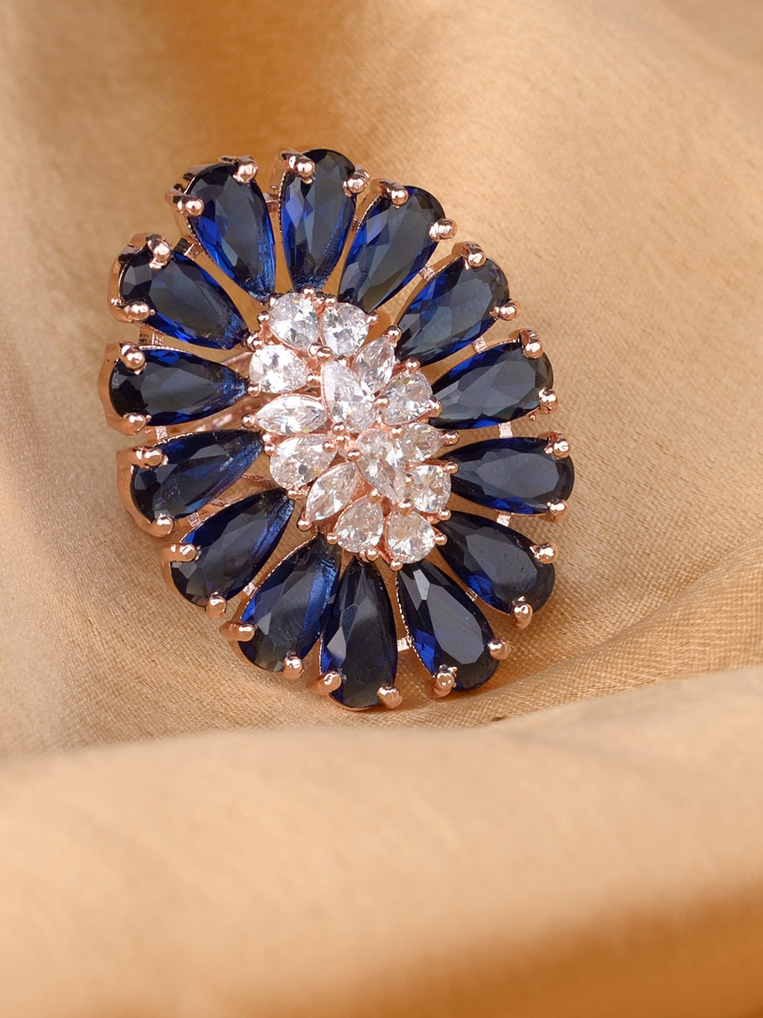 Saraf RS Jewellery Rose Gold-Plated Blue & White AD & CZ-Studded Handcrafted Adjustable Finger Ring
Saraf RS Jewellery Rose Gold-Plated Blue & White AD & CZ-Studded Handcrafted Adjustable Finger Ring