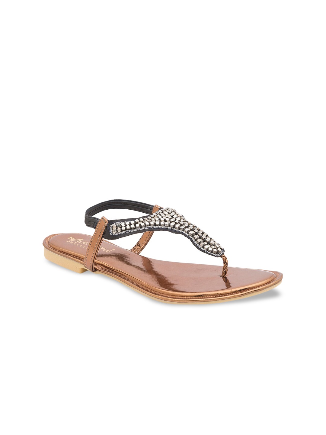 WALK N STYLE COLLECTION Women Golden Embellished T-Strap Flats, Gold