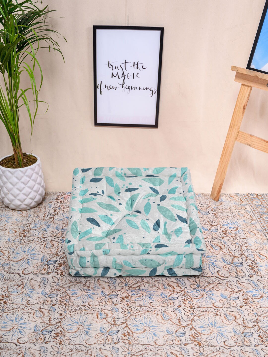 HOSTA HOMES Blue & Grey Digitally Printed Velvet Cotton Filled Chair Pad