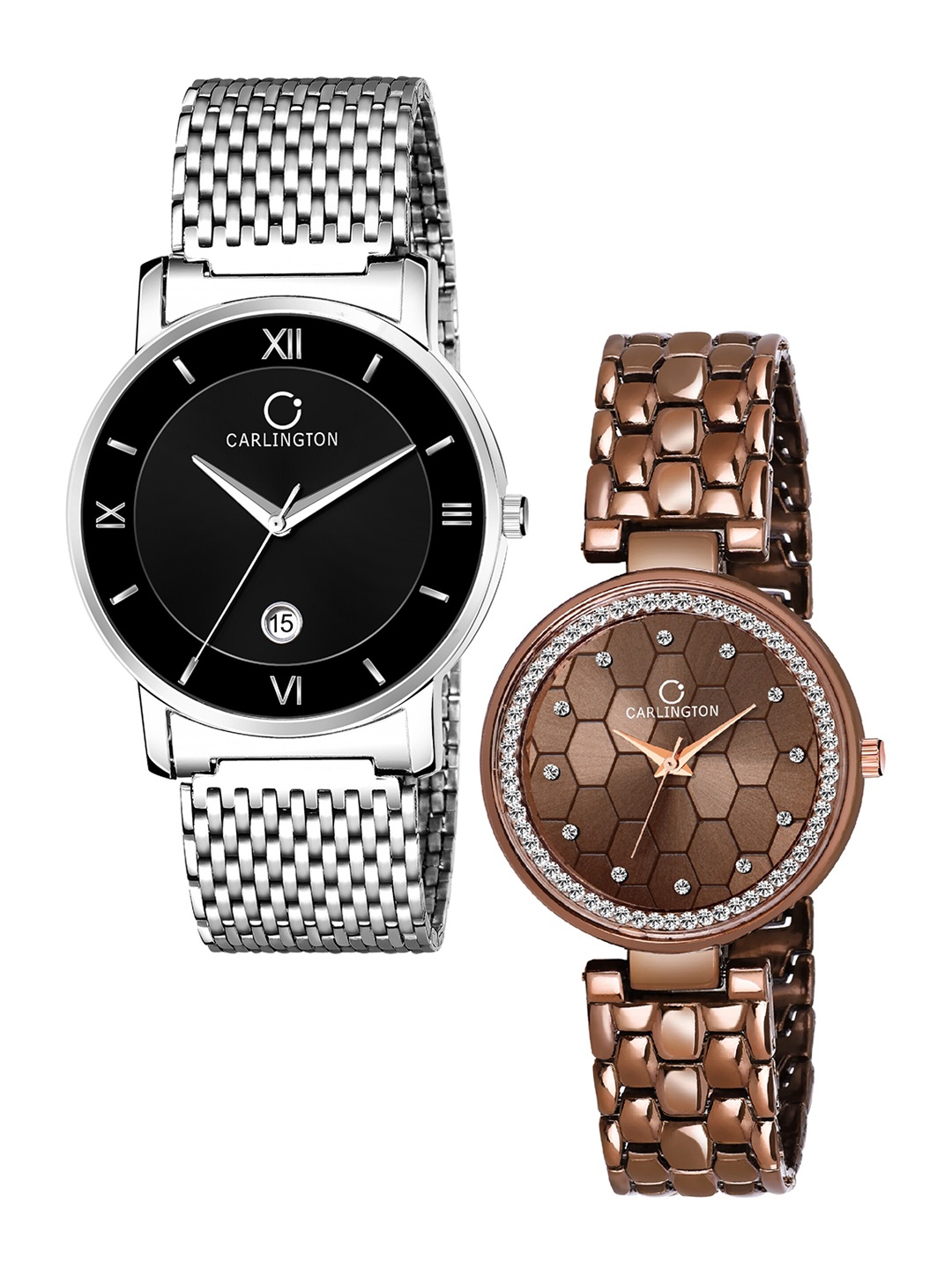 CARLINGTON Unisex Black & Brown Analogue Watch Gift Set