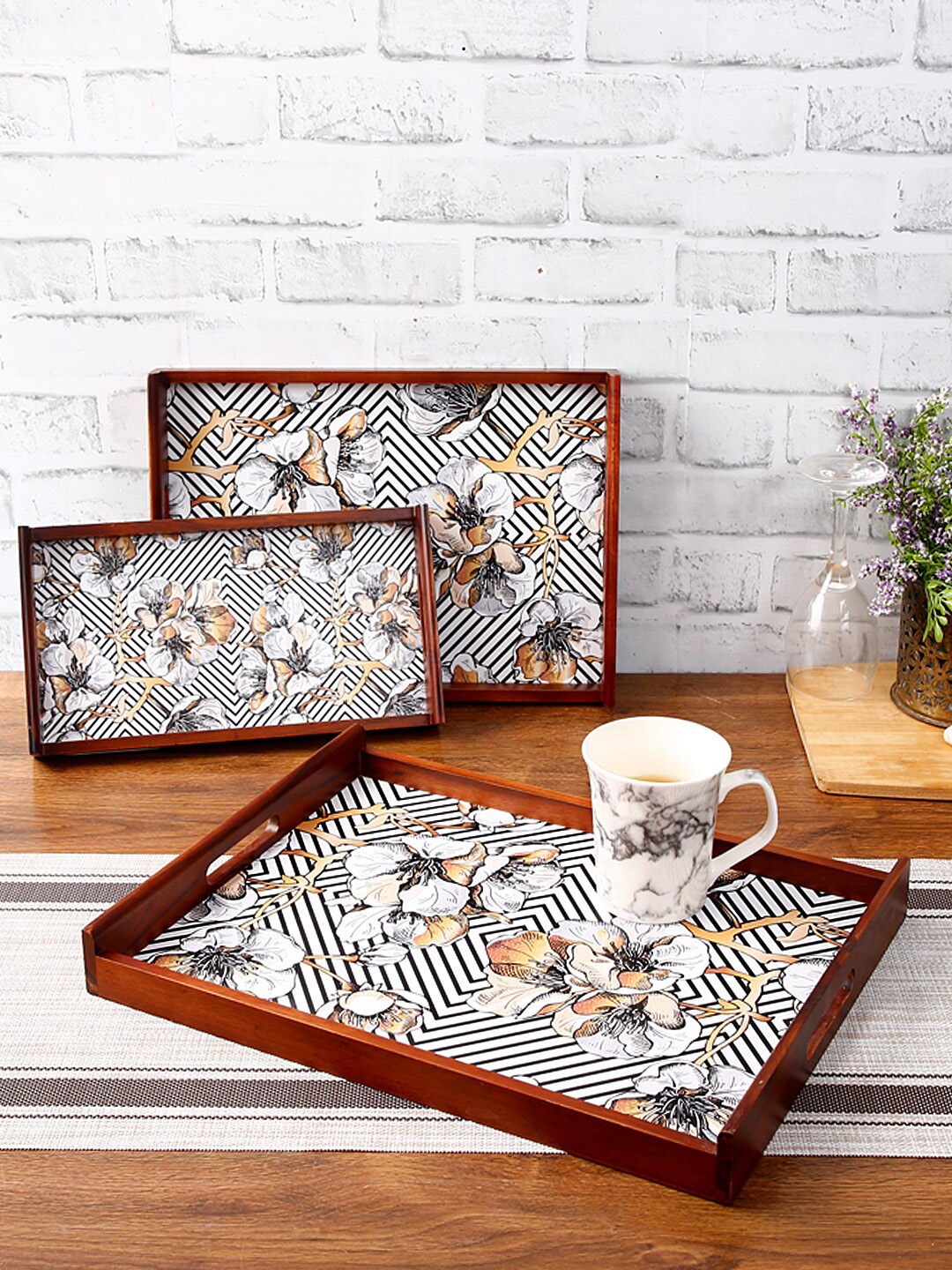 Reinvention Factory Set Of 3 Brown & White Digital Geometric Flower Thai Printed Teak Wood Serving Trays
Reinvention Factory Set Of 3 Brown & White Digital Geometric Flower Thai Printed Teak Wood Serving Trays