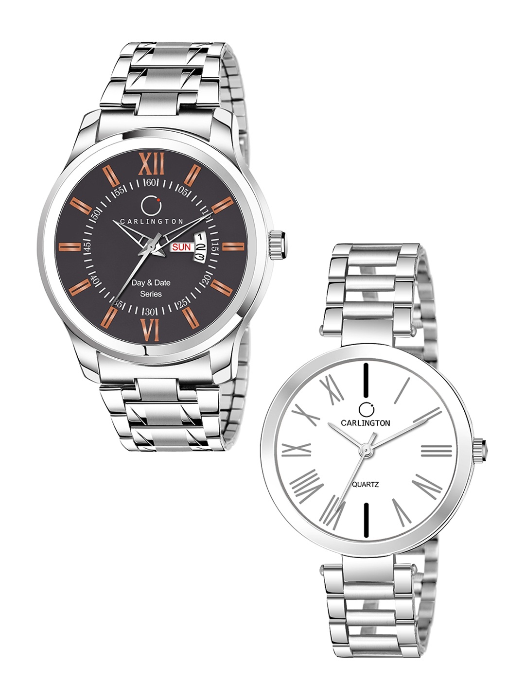 CARLINGTON Unisex Coffee Brown & White His & Her Analogue Watch Gift Set
