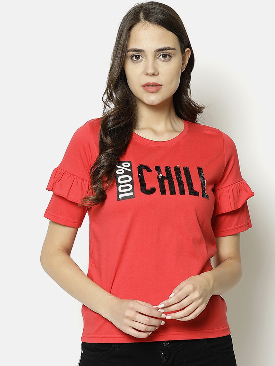 V2 Value & Variety Red & Black Embellished Chambray Regular Top