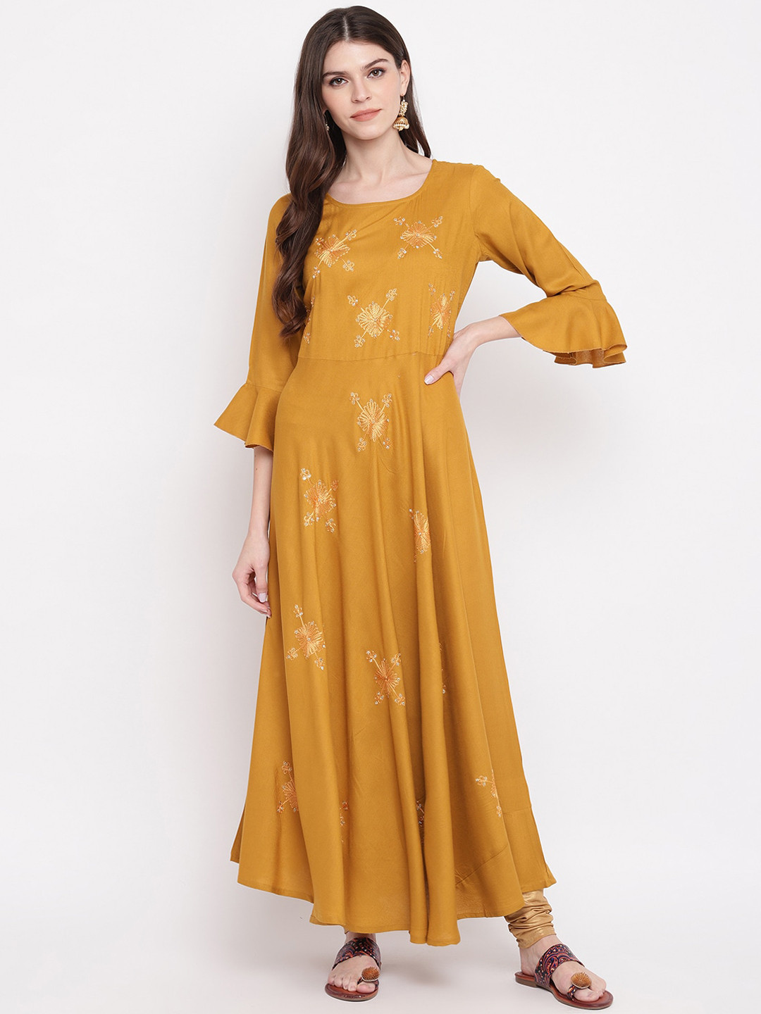 Vbuyz Women Mustard Ethnic Motifs Embroidered Bell Sleeves Thread Work Anarkali Kurta 
Vbuyz Women Mustard Ethnic Motifs Embroidered Bell Sleeves Thread Work Anarkali Kurta