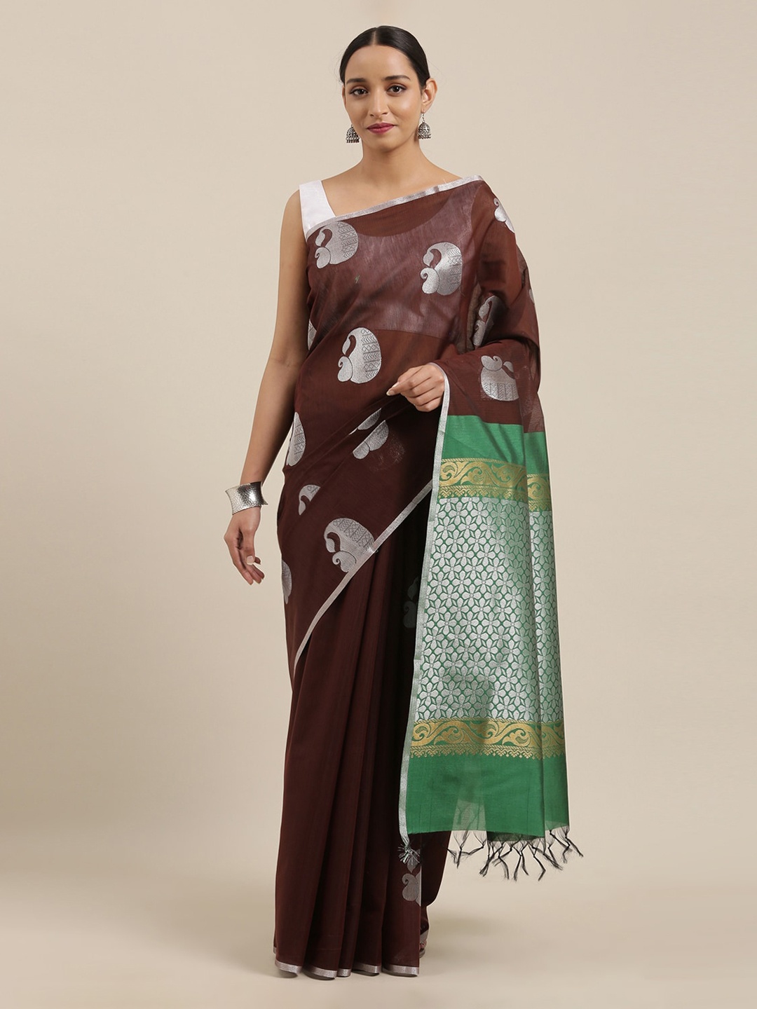 The Chennai Silks Brown Silk Cotton Woven Design Maheshwari Saree