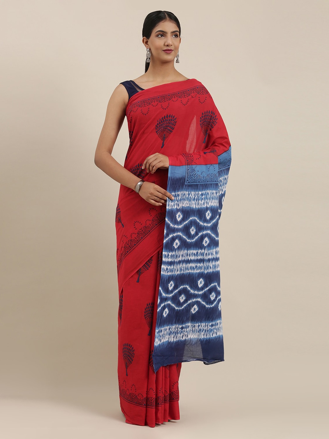 The Chennai Silks Red & Blue Pure Cotton Printed Saree