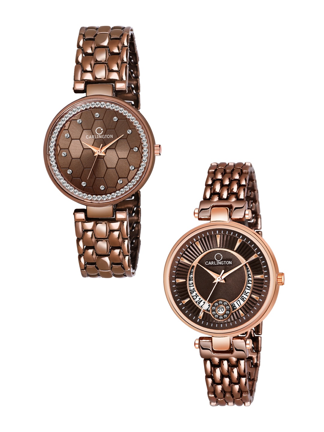 CARLINGTON Unisex Set Of 2 Brown Analogue Watch Combo Hexa Brown and Bella Brown
