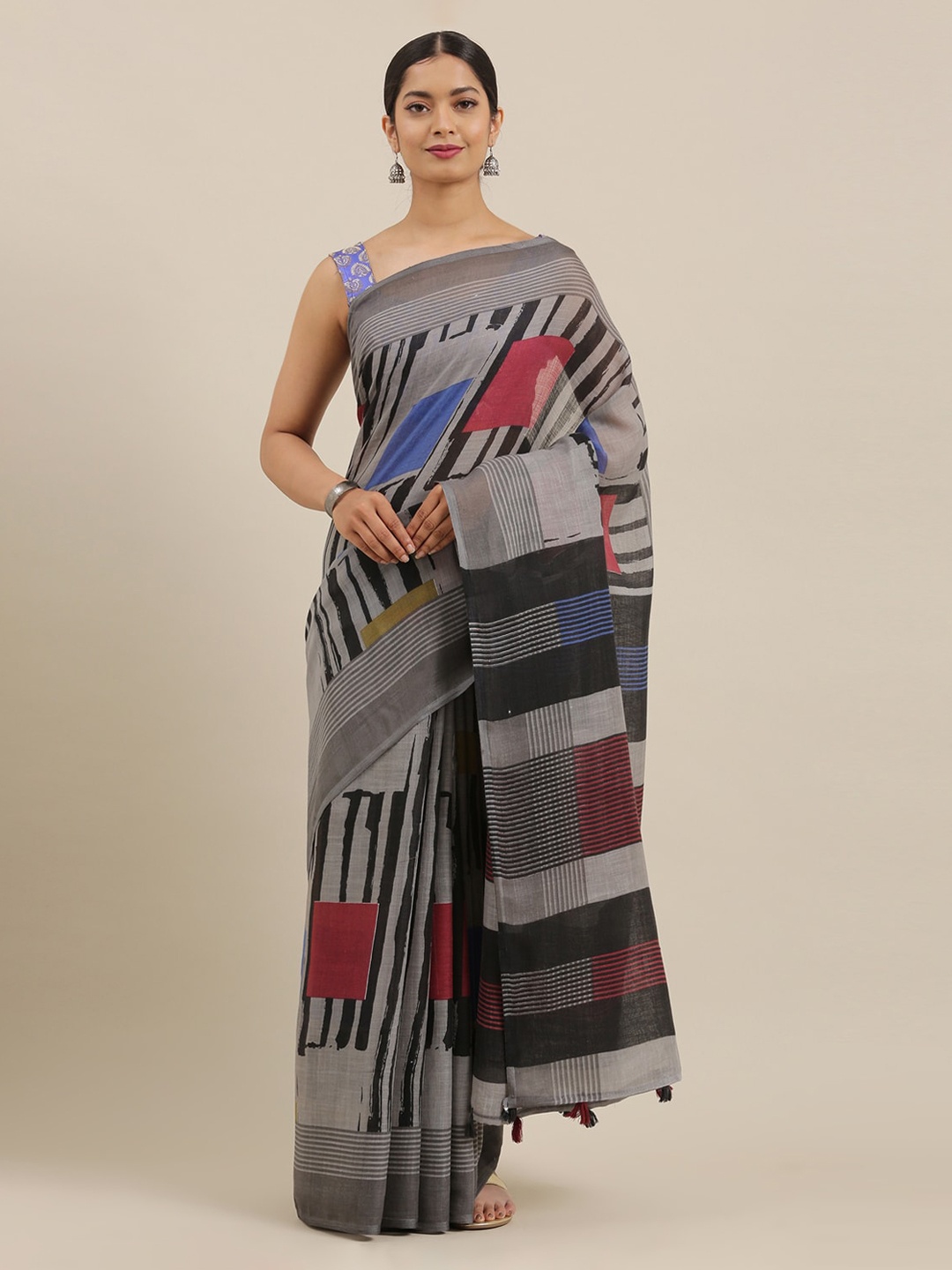 The Chennai Silks Grey Printed Linen Blend Saree