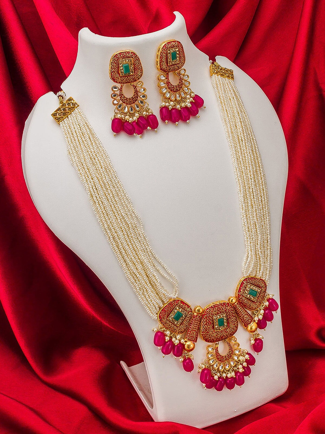 aadita Gold-Plated White & Red Pearl-Beaded & Stone-Studded Multi-Stranded Jewellery Set
aadita Gold-Plated White & Red Pearl-Beaded & Stone-Studded Multi-Stranded Jewellery Set