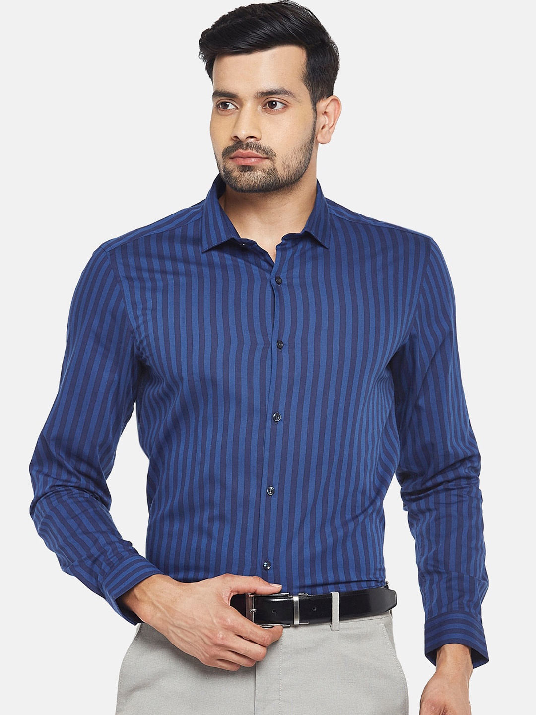 RICHARD PARKER by Pantaloons Men Navy Blue Slim Fit Striped Cotton Casual Shirt