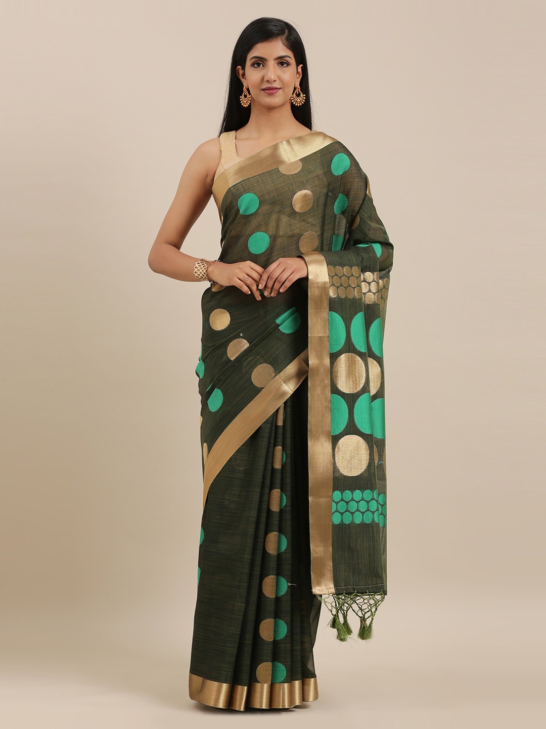 The Chennai Silks Green & Gold-Toned Silk Cotton Woven Design Maheshwari Saree