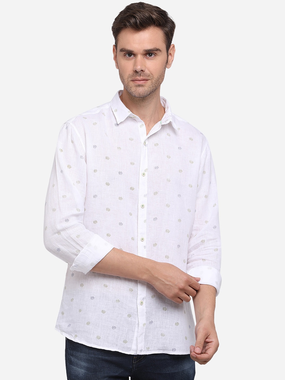 JADE BLUE Men White Slim Fit Printed Pure Cotton Casual Shirt
