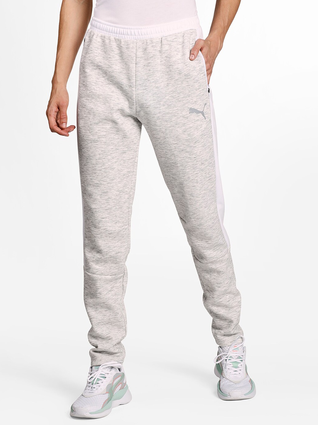 Puma Men Grey Melange EVOSTRIPE Slim-Fit Track Pants