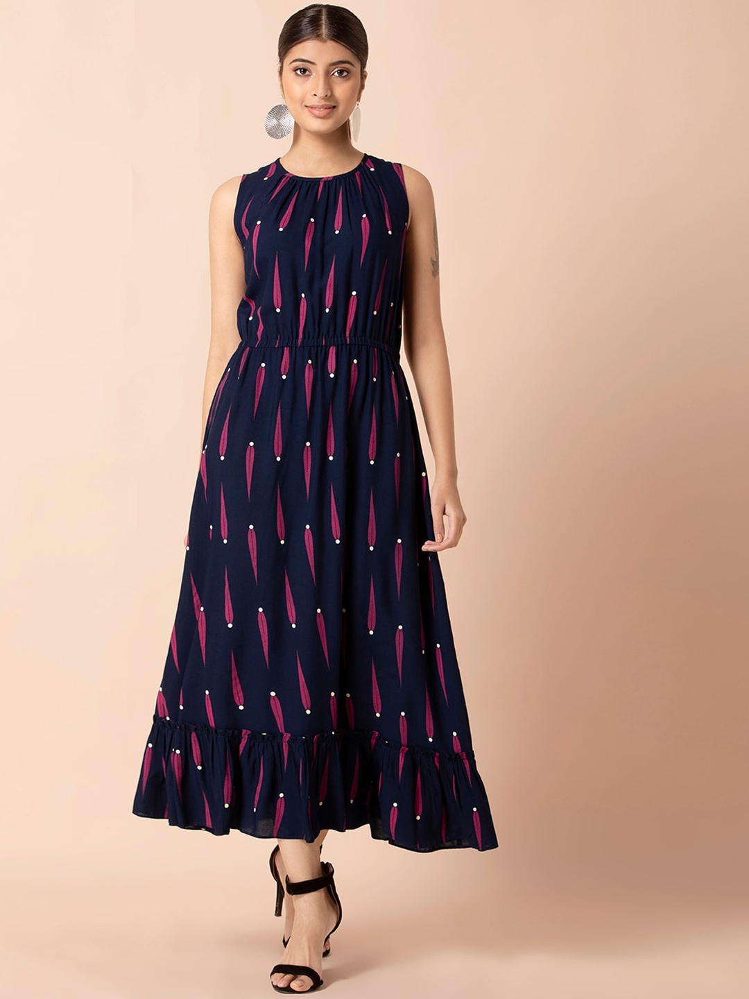 INDYA Women Navy Blue & Pink Printed Maxi Dress