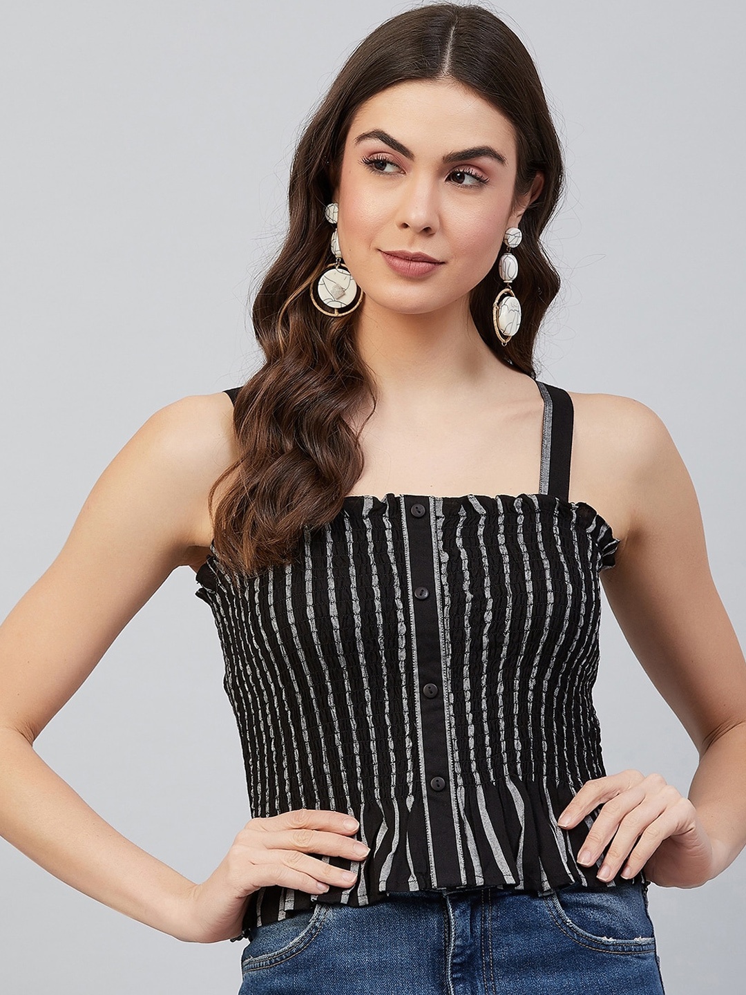 Carlton London Black Striped Regular Crop Top