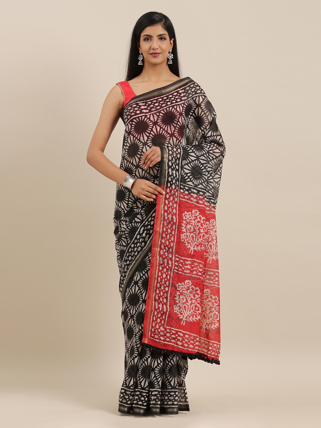 The Chennai Silks Black Polyester Printed Bhagalpuri Saree