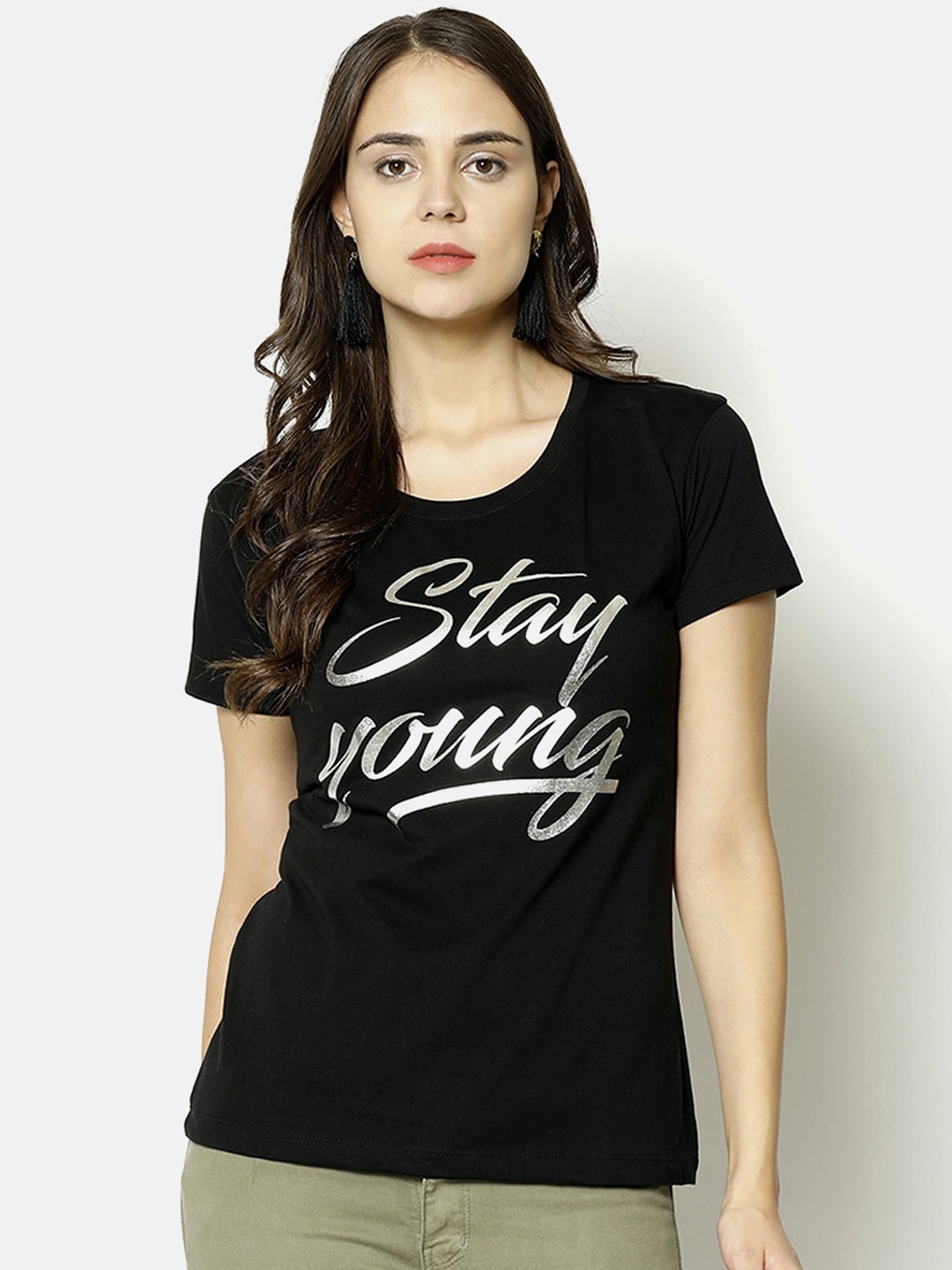 V2 Value & Variety Black Printed Pure Cotton Chambray Regular Top
