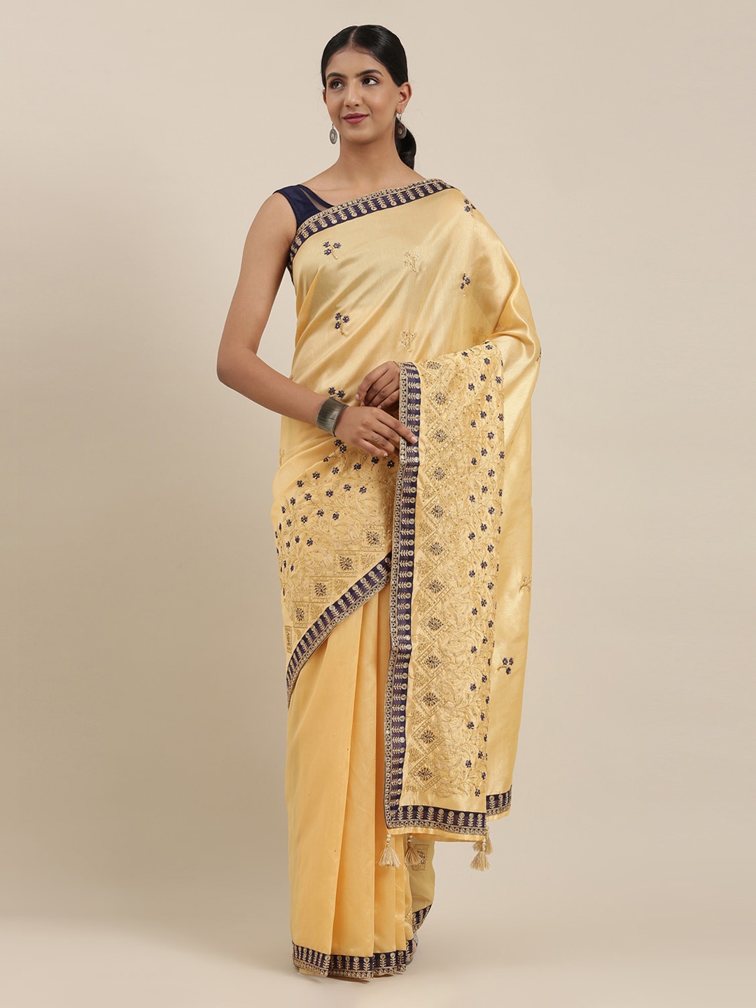 The Chennai Silks Cream-Coloured Viscose Rayon Embroidered Banarasi Saree