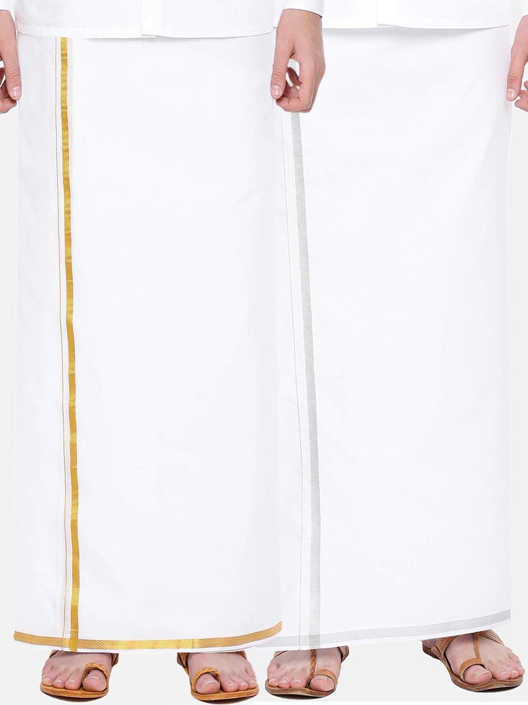 Ramraj Men Pack of 2 White Pure Cotton Single Layer Dhoti with Gold & Silver Zari Border
Ramraj Men Pack of 2 White Pure Cotton Single Layer Dhoti with Gold & Silver Zari Border