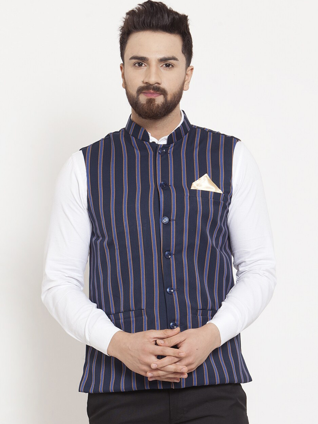KLOTTHE Men Navy Blue & Beige Striped Cotton Blend Nehru Jacket
KLOTTHE Men Navy Blue & Beige Striped Cotton Blend Nehru Jacket