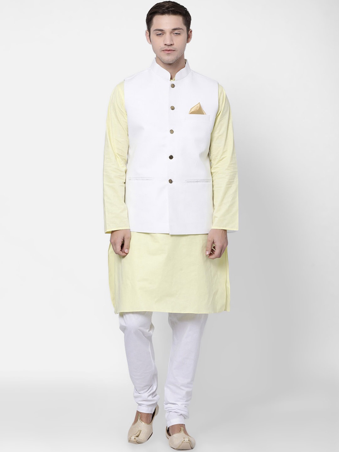 TABARD Men Yellow & White Solid Pure Cotton Kurta with Churidar and Nehru Jacket
TABARD Men Yellow & White Solid Pure Cotton Kurta with Churidar and Nehru Jacket