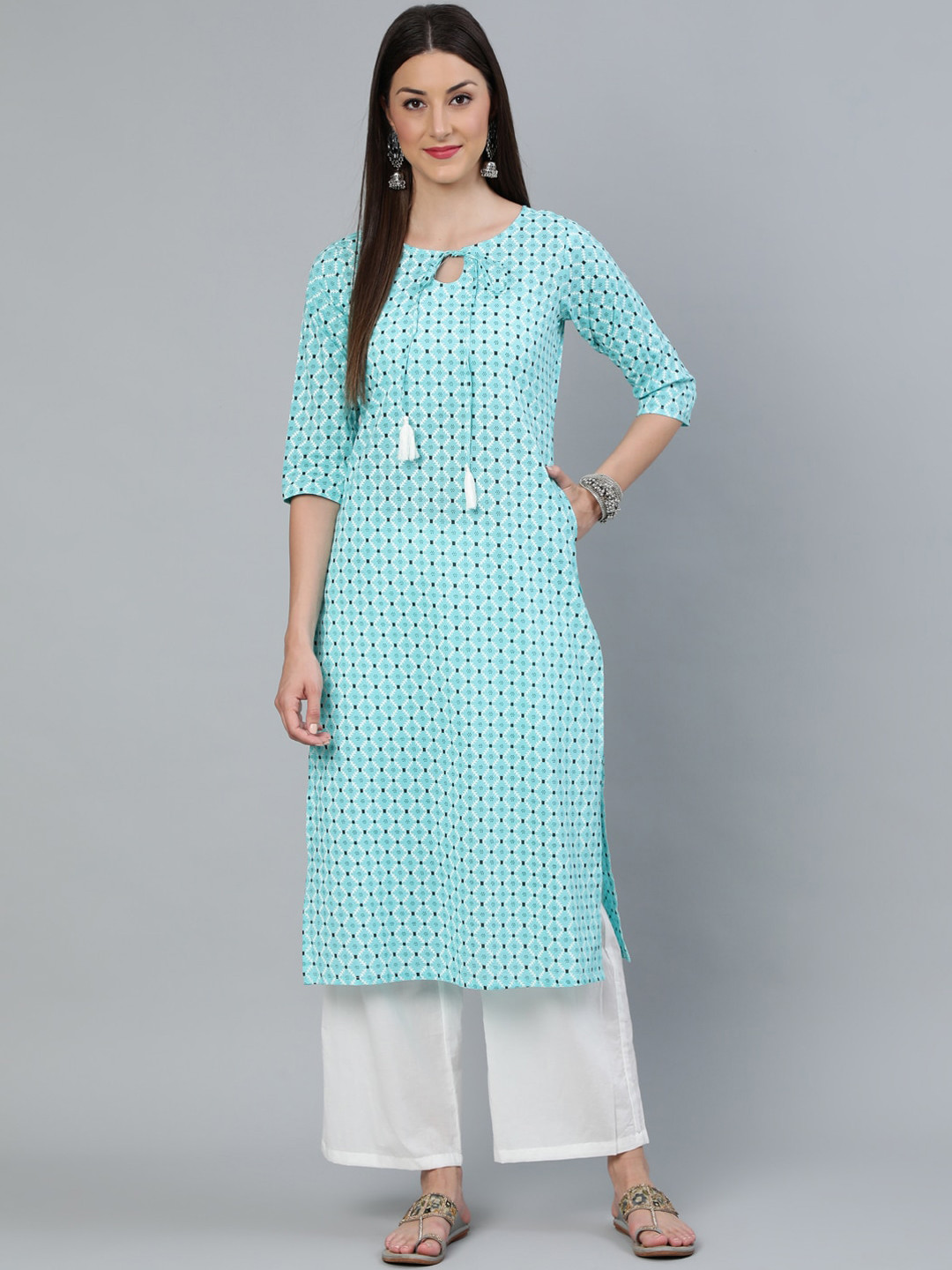 Nayo Women Aqua Blue & Black Geometric Print Straight Kurta With Three Quarters Sleeves 
Nayo Women Aqua Blue & Black Geometric Print Straight Kurta With Three Quarters Sleeves