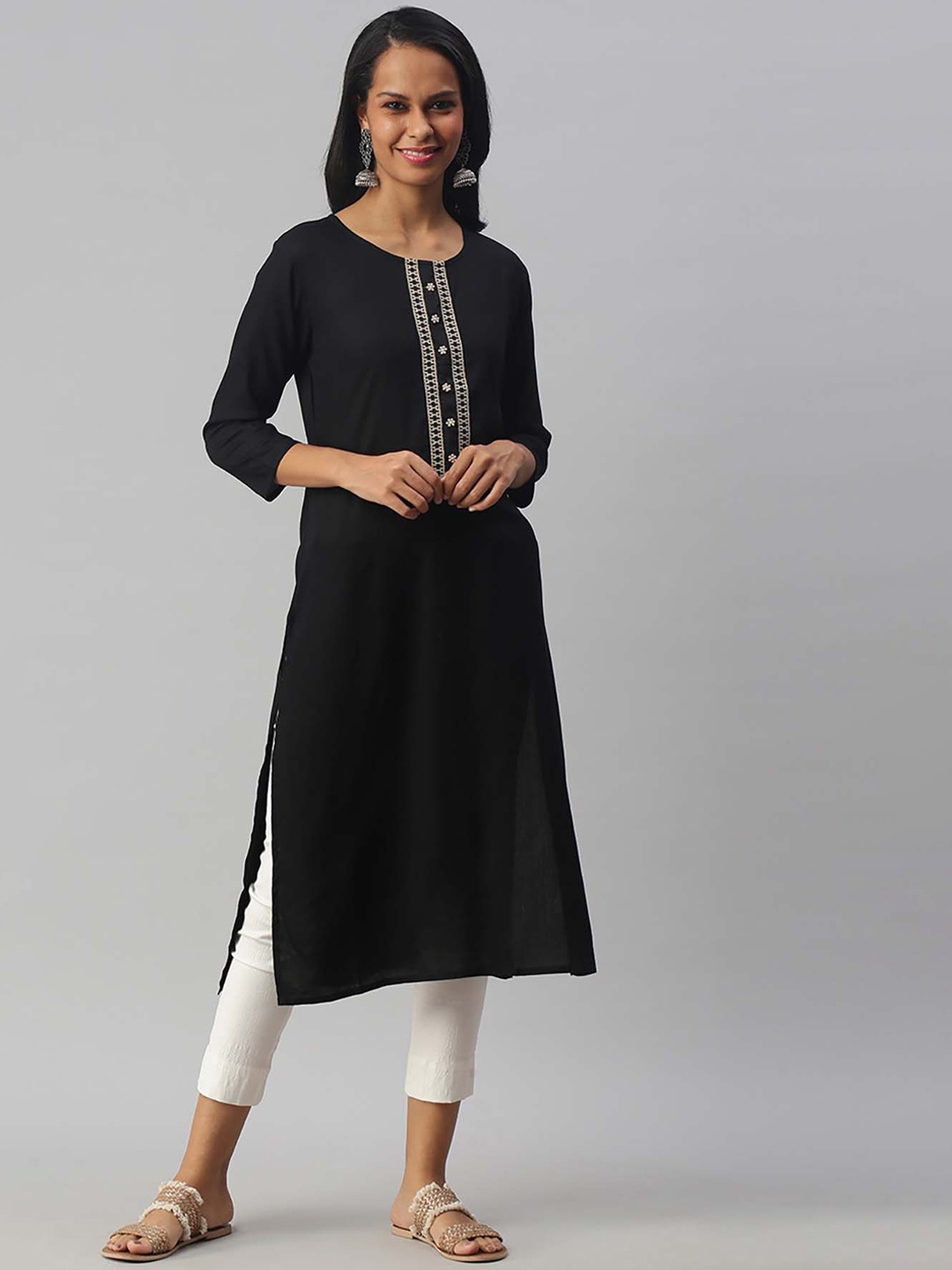 Soch Women Black Geometric Yoke Design Thread Work Kurta
