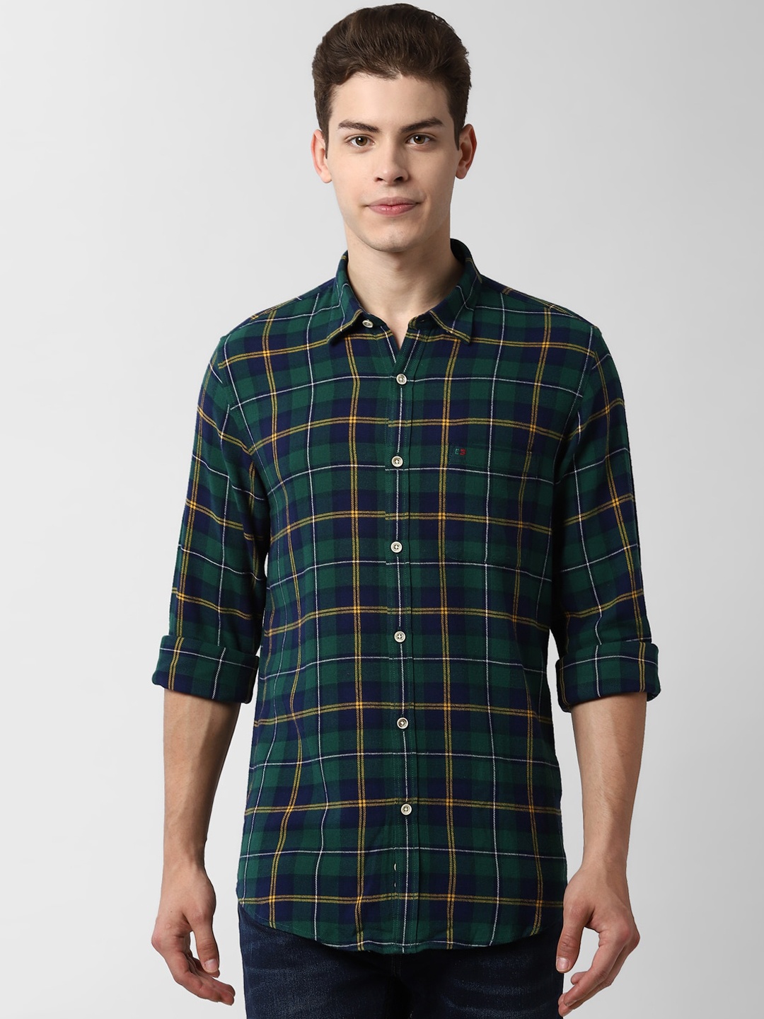 Peter England Casuals Men Green Slim Fit Checked Pure Cotton Casual Shirt