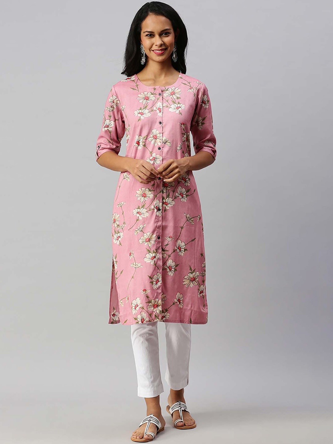 Soch Women Pink & White Floral Print Roll-up Sleeves Straight Kurta