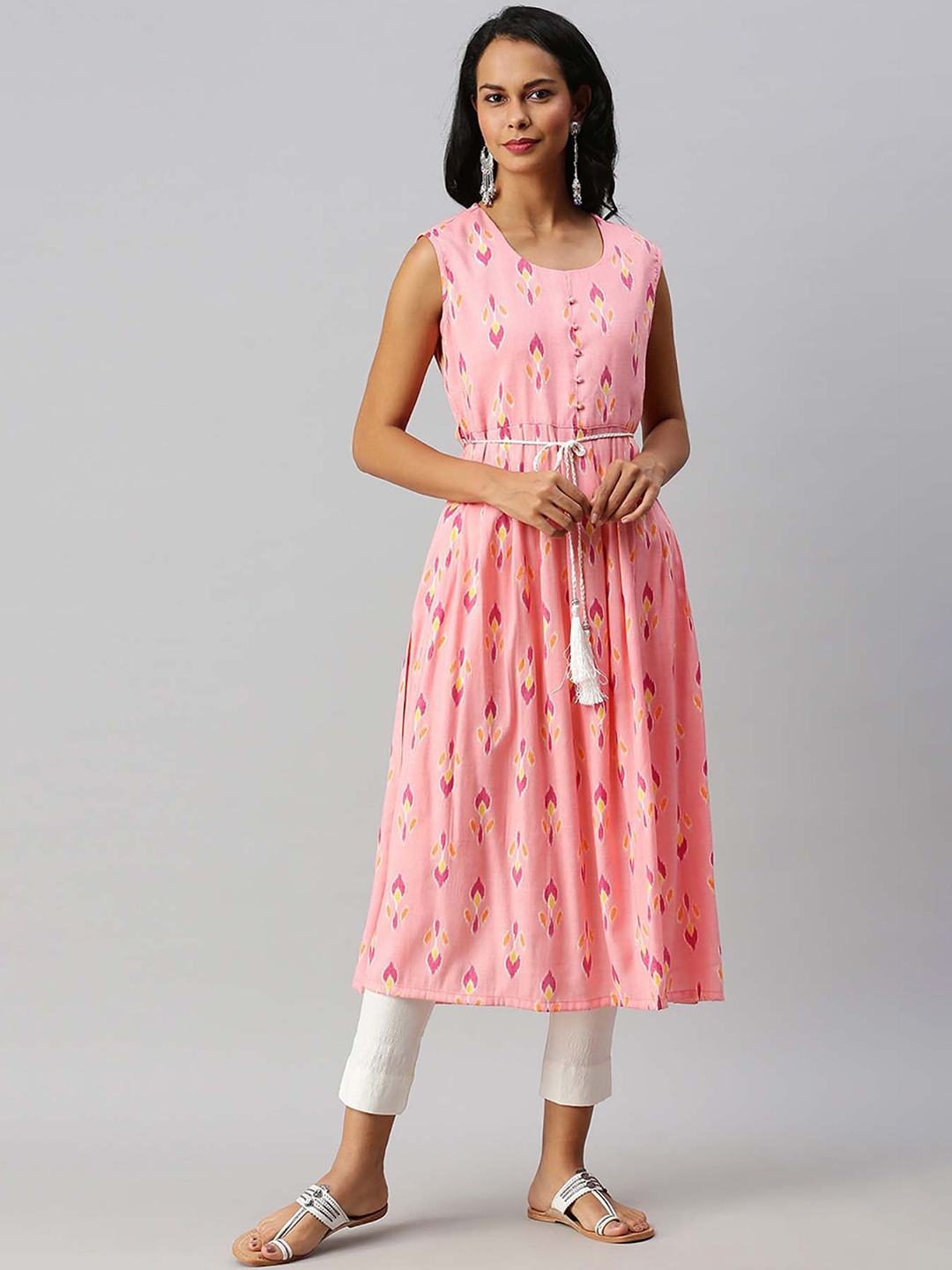Soch Women Pink & Yellow Ethnic Motifs Print Gathered Sleeveless A-Line Kurta with Belt
Soch Women Pink & Yellow Ethnic Motifs Print Gathered Sleeveless A-Line Kurta with Belt