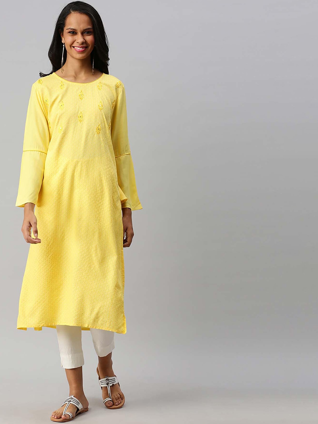 Soch Women Yellow Embroidered Bell Sleeves Kurta