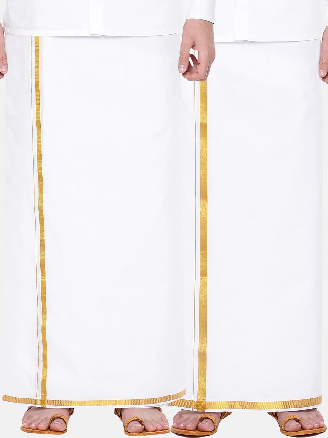 Ramraj Men White Pure Cotton Single Layer Agaram Dhoti with Gold Zari Border Pack of 2
Ramraj Men White Pure Cotton Single Layer Agaram Dhoti with Gold Zari Border Pack of 2